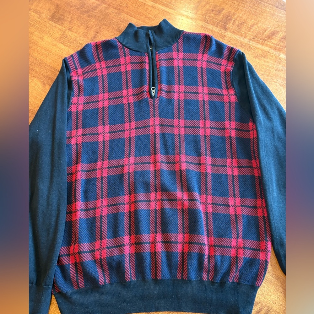 Paul Fredrick Red and Blue Plaid Zip-Up Sweater